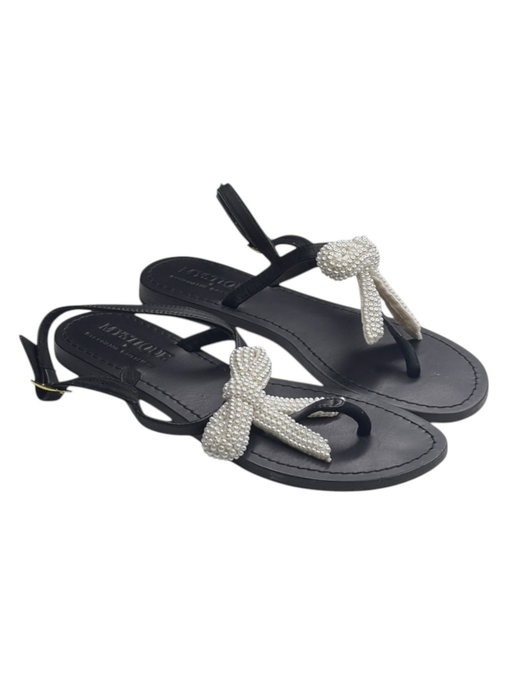 Mystique x Stephanie Gottlieb 𞠬 Liza Pearl Bow Flat Sandals 𞠬 Black Leather 𞠬 - Picture 9 of 16